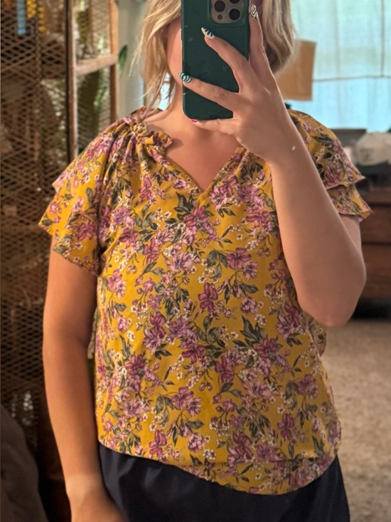 Pleione Tops - Pleione Mustard Floral V-Neck Ruffle Sleeve Top